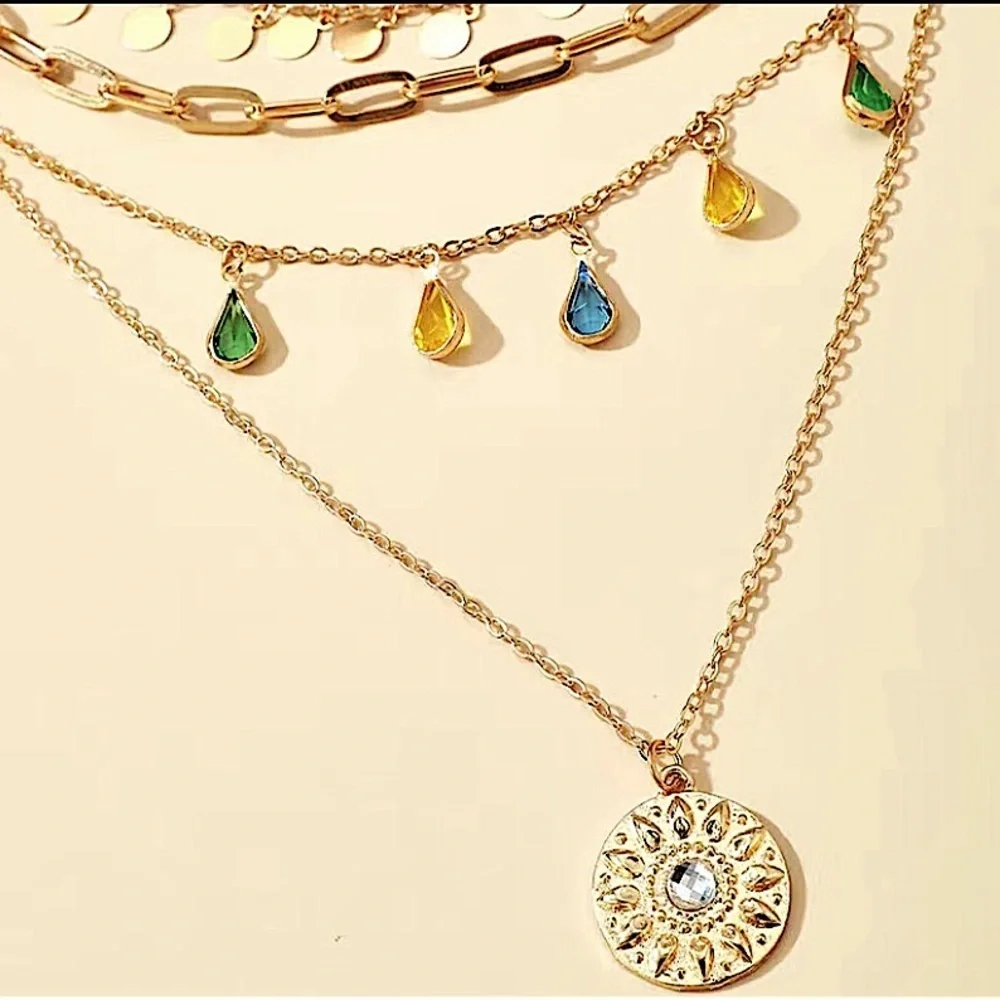 Feminine Layered Four Tiered Colorful Medallion Discs Gold Adjustable Necklace. - Picture 2 of 2